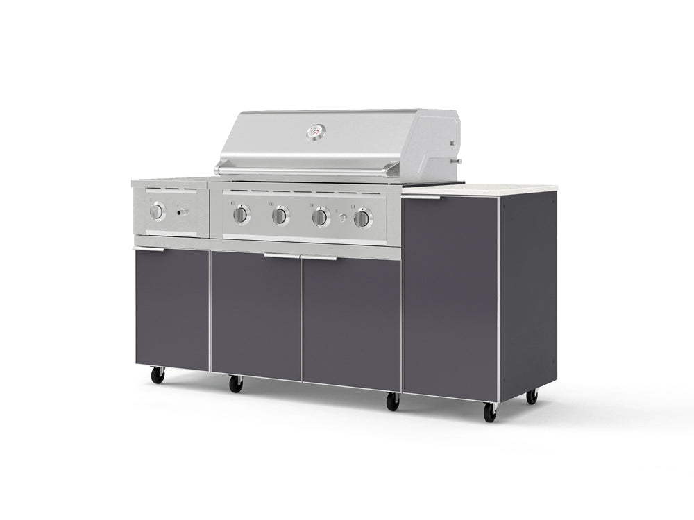 NewAge Outdoor Kitchens Outdoor Grill Island Aluminum 6-Piece Cabinet Set with Casters and 1-Door, Grill Cabinet, Performance Grill, Side Burner and Dekton in Aeris Countertop - (Liquid Propane) | Garage Giant