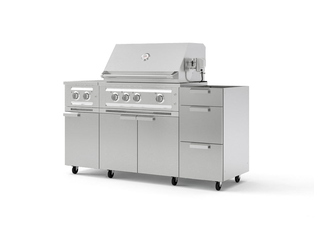 NewAge Outdoor Kitchens Outdoor Grill Island Stainless-Steel 5-Piece Cabinet Set with Casters and 3-Drawer, Grill Cabinet, Dual Side Burner and Platinum Grill - (Liquid Propane) | Garage Giant