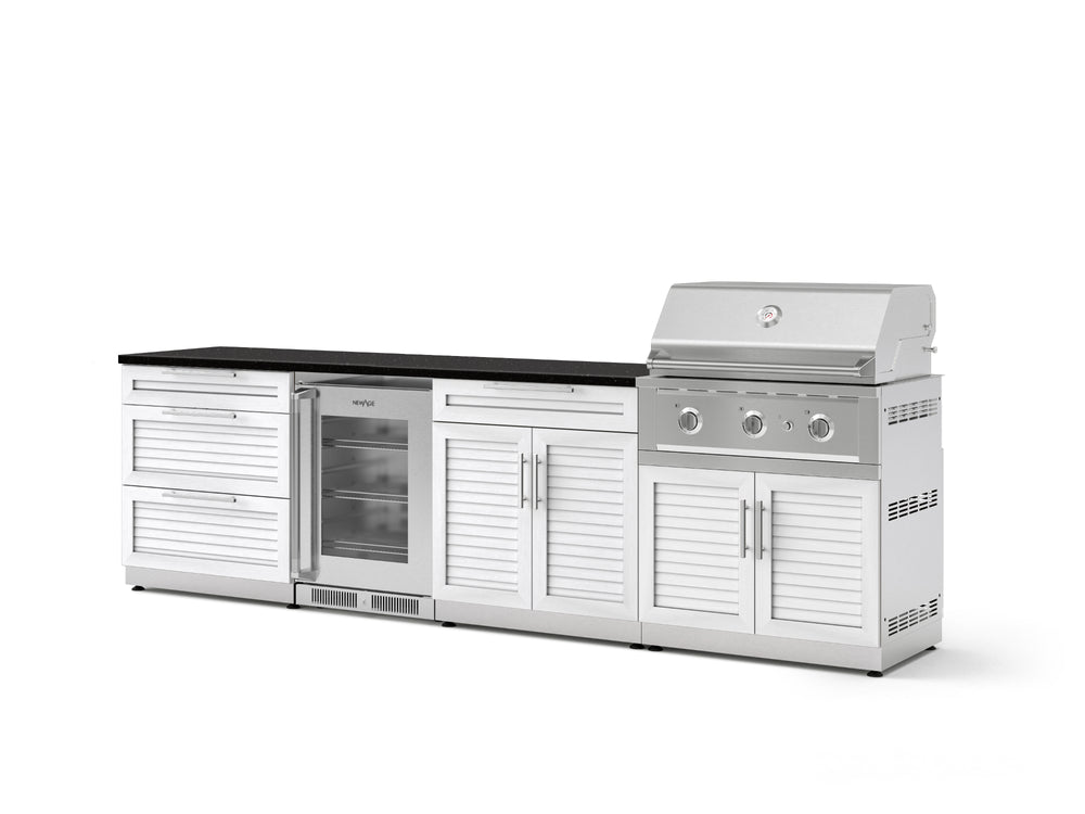 NewAge Outdoor Kitchens Stainless Steel 7-Piece Cabinet Set with 3-Drawer, Bar, Grill Cabinet, Performance Grill, Countertops, and Glass Door Fridge-73626-Garage Giant