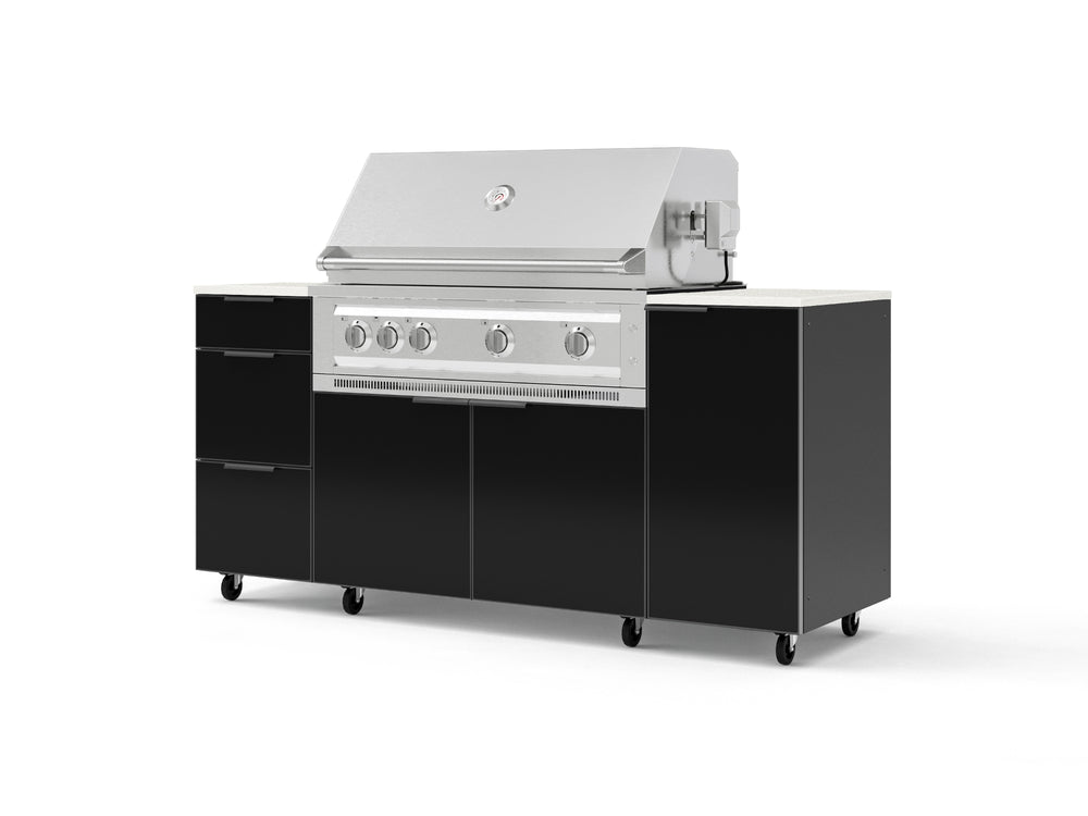 NewAge Outdoor Kitchens Outdoor Grill Island Aluminum 6-Piece Cabinet Set with Casters 1 Door, 3 Drawer, Grill Cabinet, Platinum Grill and Dekton in Aeris Countertops - (Liquid Propane) | Garage Giant