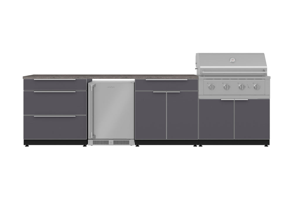 NewAge Outdoor Kitchens Aluminum 7-Piece Cabinet Set with 3-Drawer, Bar, Grill Cabinet, Performance Grill, Countertops and Fridge-71902-Garage Giant