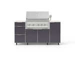 NewAge Outdoor Kitchens Outdoor Grill Island Aluminum 6-Piece Cabinet Set with Casters 1 Door, 3 Drawer, Grill Cabinet, Platinum Grill and Dekton in Aeris Countertops - (Liquid Propane) 