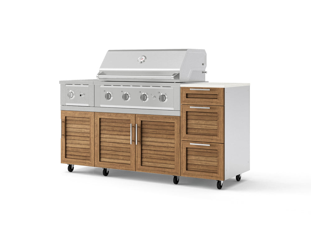 NewAge Outdoor Kitchens Outdoor Grill Island Stainless-Steel Louvered Doors 6-Piece Cabinet Set with Casters and 3-Drawer, Grill Cabinet, Performance Grill, Side Burner and Dekton in Aeris Countertop - (Liquid Propane) | Garage Giant