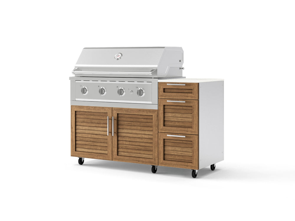 NewAge Outdoor Kitchens Outdoor Grill Island Stainless-Steel Louvered Doors 4-Piece Cabinet Set with Casters and 3-Drawer, Grill Cabinet, Performance Grill and Dekton in Aeris Countertop - (Liquid Propane) | Garage Giant