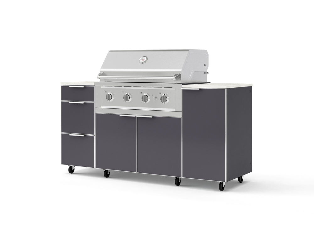 NewAge Outdoor Kitchens Outdoor Grill Island Aluminum 6-Piece Cabinet Set with Casters 1 Door, 3 Drawer, Grill Cabinet, Performance Grill and Dekton in Aeris Countertops - (Liquid Propane) | Garage Giant