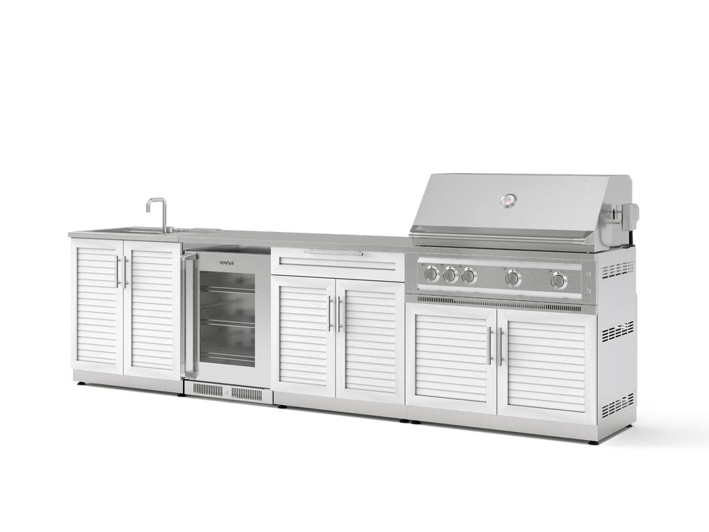 NewAge Outdoor Kitchens Stainless Steel 6-Piece Cabinet Set with Sink, Bar, Grill Cabinet, Platinum Grill, Countertop and Glass Door Fridge-71529-Garage Giant