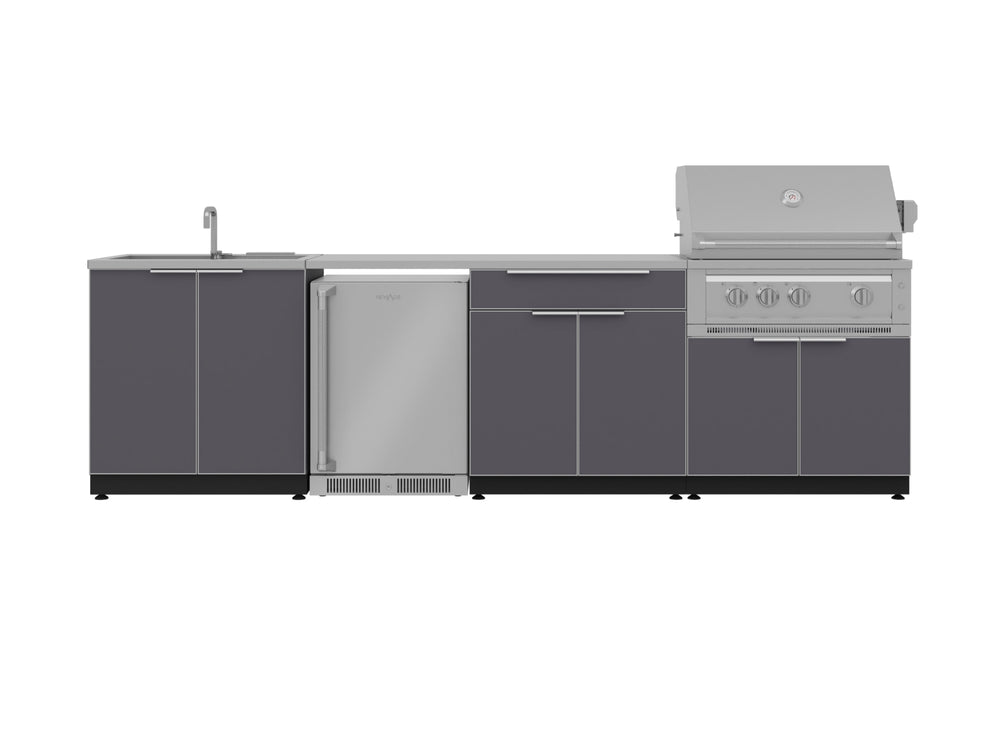 NewAge Outdoor Kitchens Aluminum 6-Piece Cabinet Set with Sink, Bar, Grill Cabinet, Platinum Grill, Countertop and Fridge-66316-Garage Giant