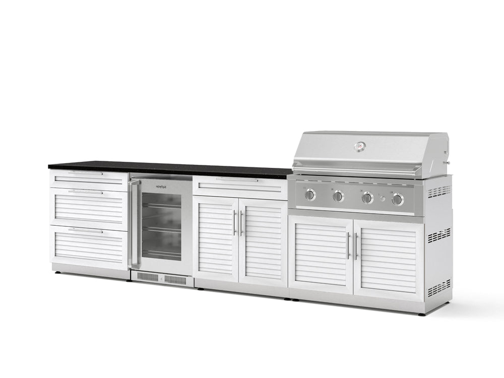 NewAge Outdoor Kitchens Stainless Steel 7-Piece Cabinet Set with 3-Drawer, Bar, Grill Cabinet, Performance Grill, Countertops, and Glass Door Fridge-73628-Garage Giant
