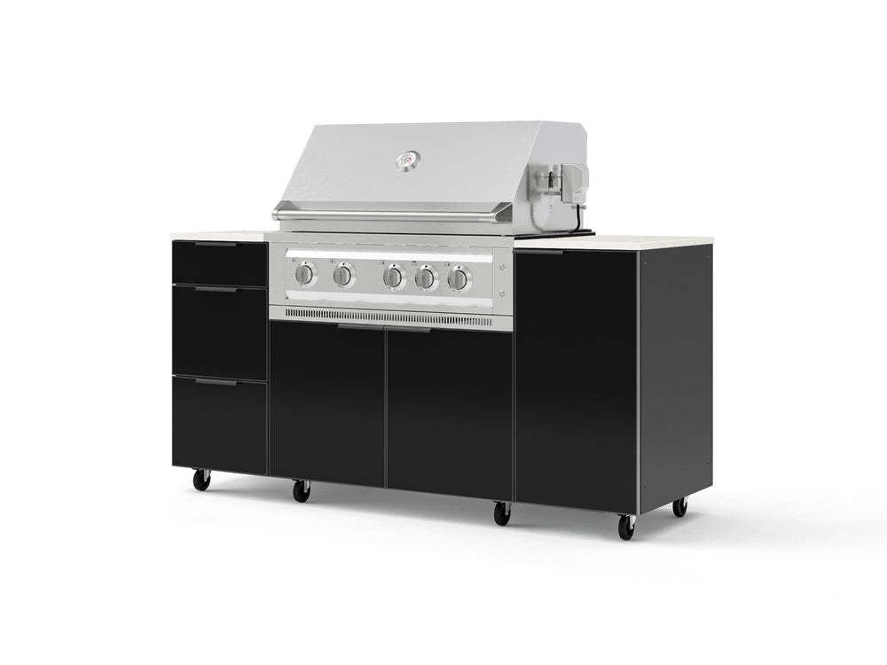 NewAge Outdoor Kitchens Outdoor Grill Island Aluminum 6-Piece Cabinet Set with Casters 1 Door, 3 Drawer, Grill Cabinet, Platinum Grill and Dekton in Aeris Countertops - (Liquid Propane) | Garage Giant