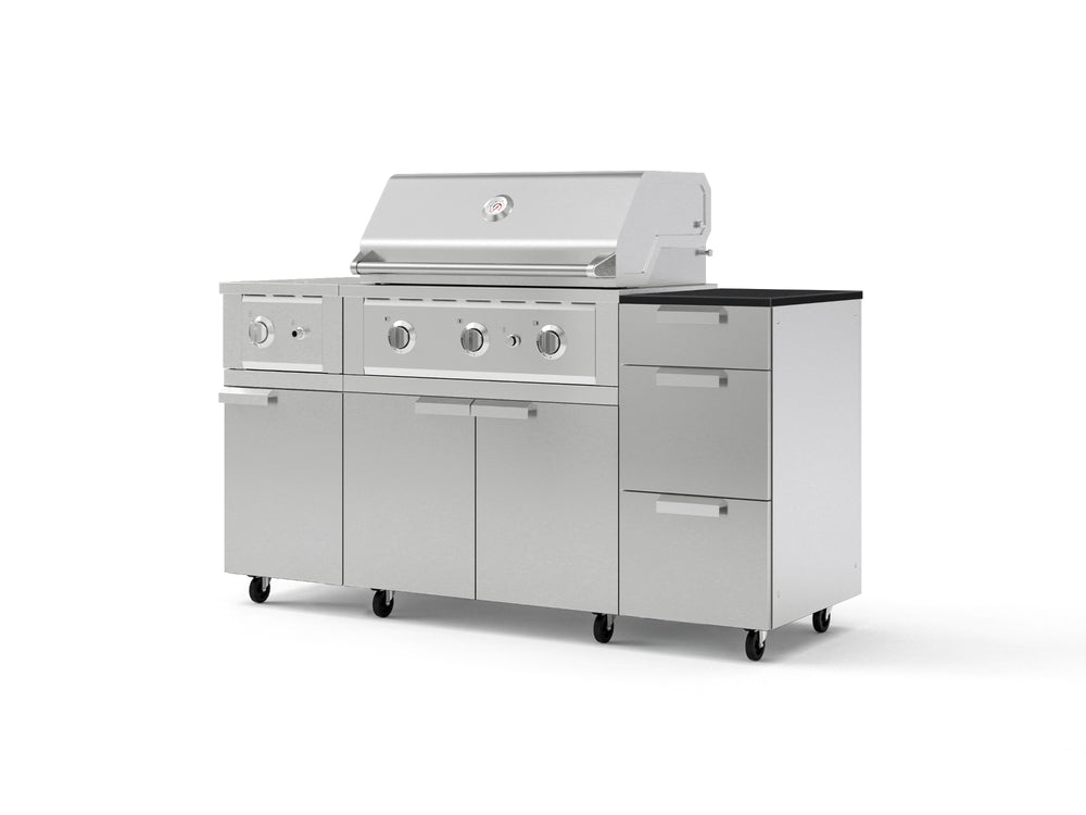 NewAge Outdoor Kitchens Outdoor Grill Island Stainless-Steel 6-Piece Cabinet Set with Casters and 3-Drawer, Grill Cabinet, Performance Grill, Side Burner and Dekton in Sirius Countertop - (Liquid Propane) | Garage Giant