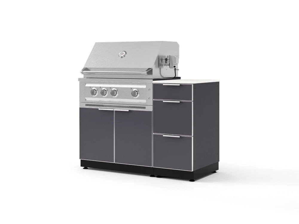 NewAge Outdoor Kitchens Outdoor Grill Island Aluminum 4-Piece Cabinet Set with 3-Drawer, Grill Cabinet, Platinum Grill and Dekton in Aeris Countertop - (Natural Gas) | Garage Giant