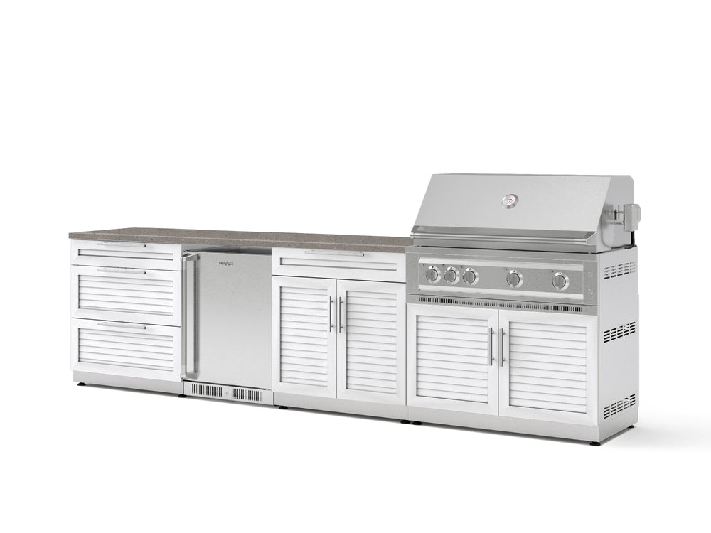 NewAge Outdoor Kitchens Stainless Steel 7-Piece Cabinet Set with 3-Drawer, Bar, Grill Cabinet, Platinum Grill, Countertop, and Stainless Steel Door Fridge-73694-Garage Giant