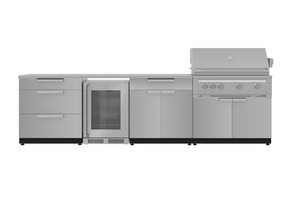 NewAge Outdoor Kitchens Stainless Steel 7-Piece Cabinet Set with 3-Drawer, Bar, Grill Cabinet, Platinum Grill, Countertops and Fridge-66593-Garage Giant