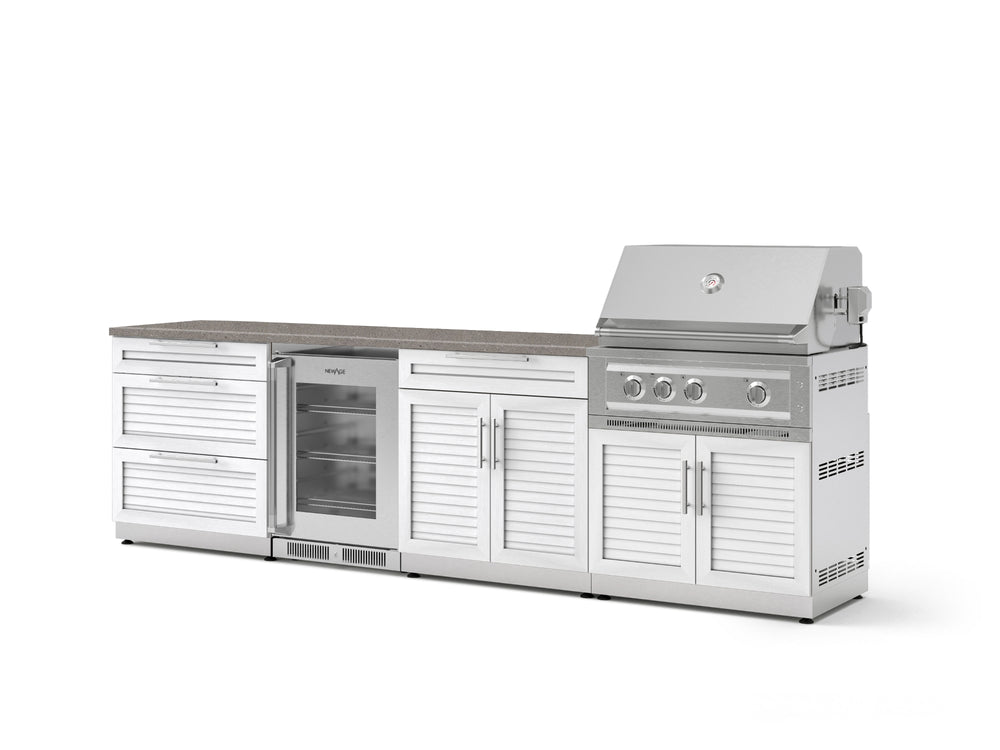 NewAge Outdoor Kitchens Stainless Steel 7-Piece Cabinet Set with 3-Drawer, Bar, Grill Cabinet, Platinum Grill, Countertop, and Glass Door Fridge-73707-Garage Giant