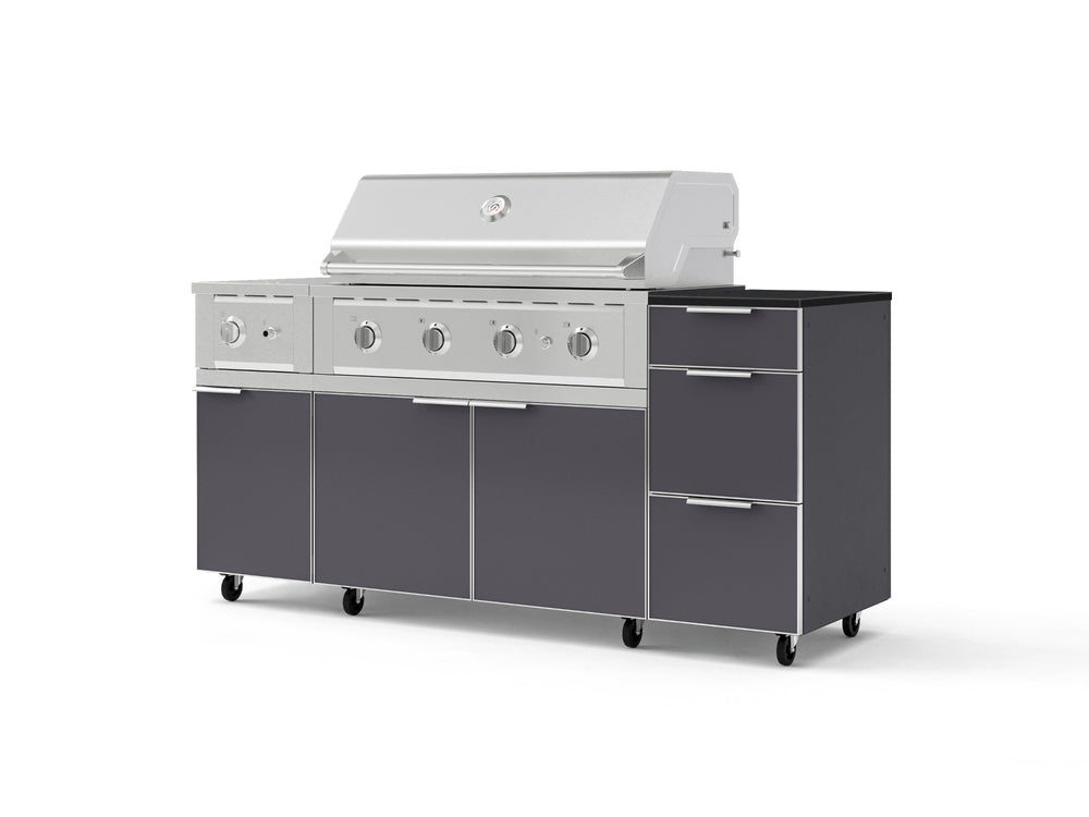 NewAge Outdoor Kitchens Outdoor Grill Island Aluminum 6-Piece Cabinet Set with Casters and 3-Drawer, Grill Cabinet, Performance Grill, Side Burner and Dekton in Sirius Countertop - (Liquid Propane) | Garage Giant