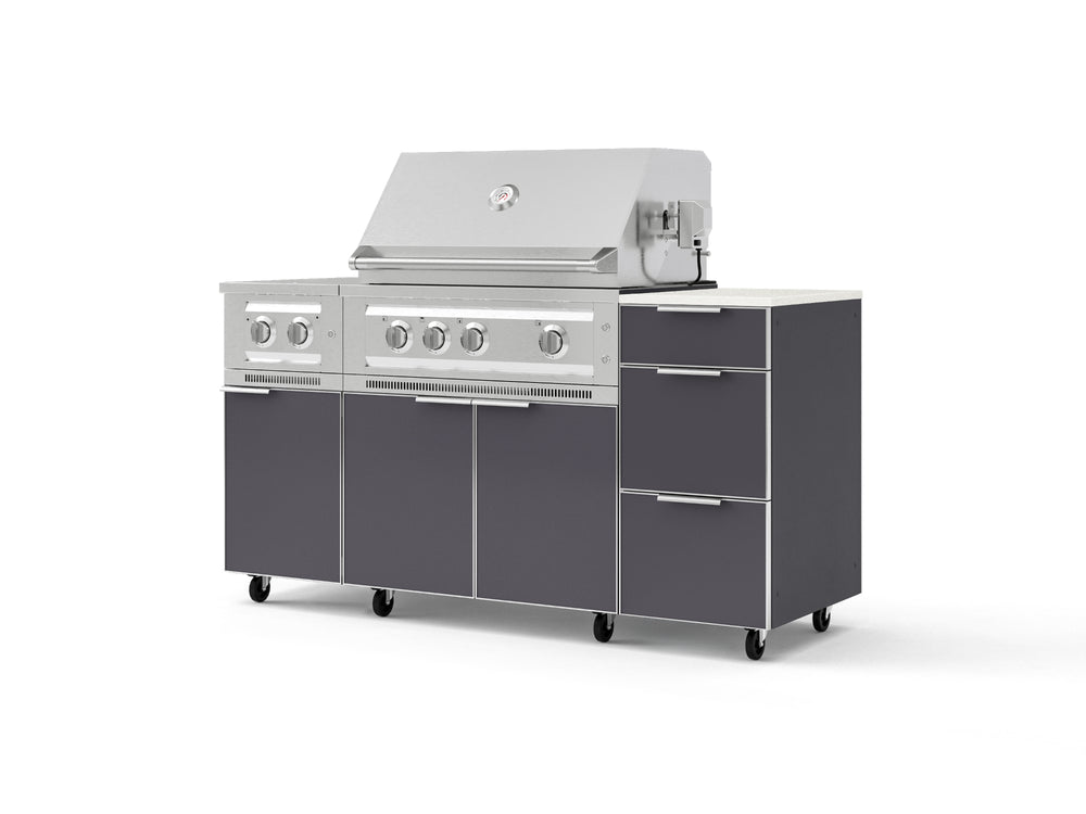 NewAge Outdoor Kitchens Outdoor Grill Island Aluminum 6-Piece Cabinet Set with Casters and 3-Drawer, Grill Cabinet, Platinum Grill, Dual Side Burner and Dekton in Aeris Countertop - (Liquid Propane) | Garage Giant