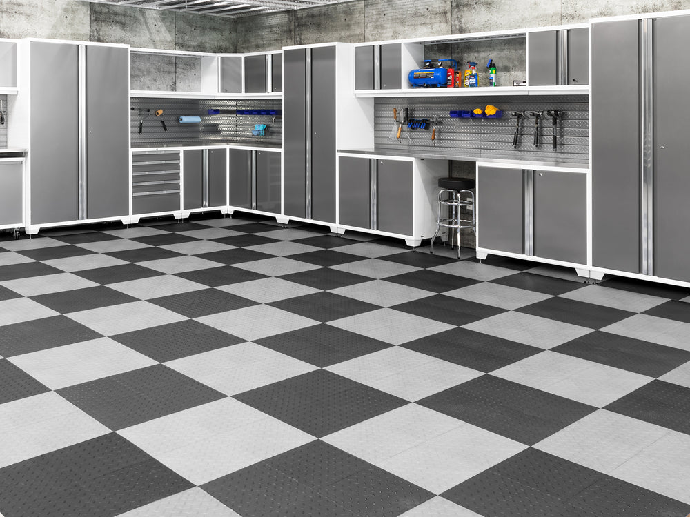 NewAge Garage Flooring Diamond Pattern Polypropylene Garage Flooring Tiles 600 sq. ft. Flooring Bundle - Black and Platinum Checkered Pattern-12576-Garage Giant