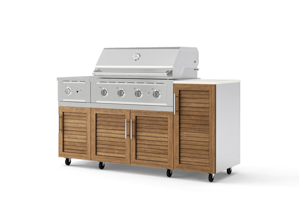 NewAge Outdoor Kitchens Outdoor Grill Island Stainless-Steel Louvered Doors 6-Piece Cabinet Set with Casters and 1-Door, Grill Cabinet, Performance Grill, Side Burner and Dekton in Aeris Countertop - (Liquid Propane) | Garage Giant