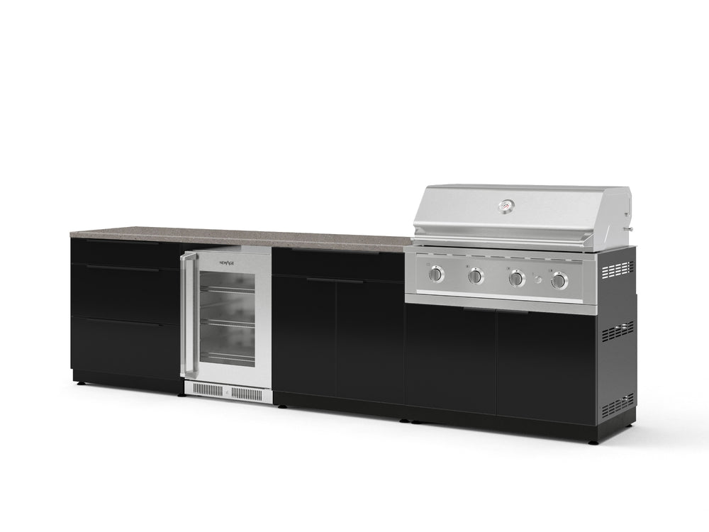 NewAge Outdoor Kitchens Aluminum 7-Piece Cabinet Set with 3-Drawer, Bar, Grill Cabinet, Performance Grill, Countertops and Glass Door Fridge-73652-Garage Giant