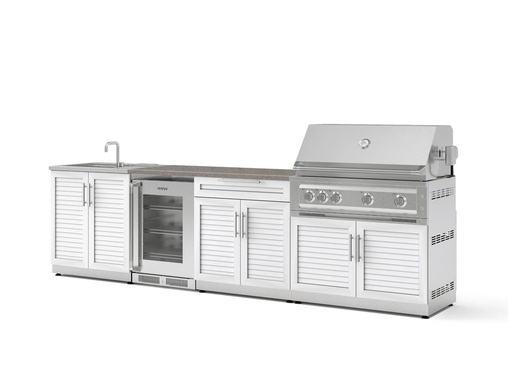 NewAge Outdoor Kitchens Stainless Steel 6-Piece Cabinet Set with Sink, Bar, Grill Cabinet, Platinum Grill, Countertop and Glass Door Fridge-73853-Garage Giant