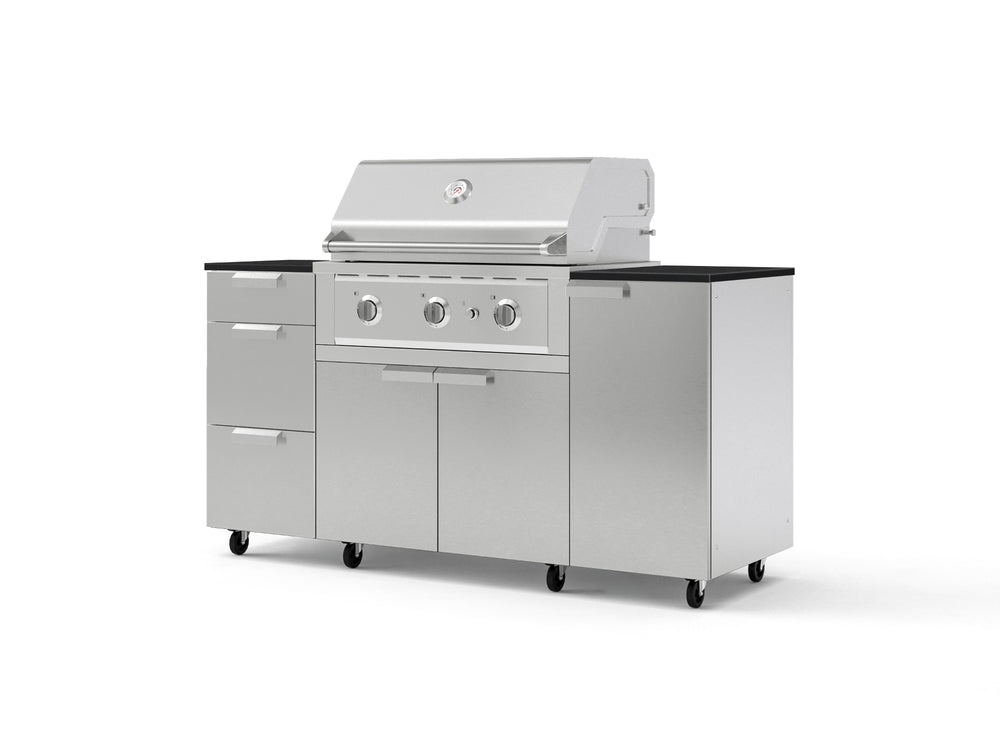 NewAge Outdoor Kitchens Outdoor Grill Island Stainless-Steel 6-Piece Cabinet Set with Casters 1 Door, 3 Drawer, Grill Cabinet, Performance Grill and Dekton in Sirius Countertops - (Liquid Propane) | Garage Giant