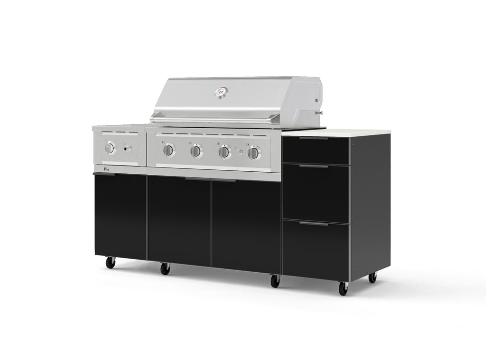 NewAge Outdoor Kitchens Outdoor Grill Island Aluminum 6-Piece Cabinet Set with Casters and 3-Drawer, Grill Cabinet, Performance Grill, Side Burner and Dekton in Aeris Countertop - (Liquid Propane) | Garage Giant