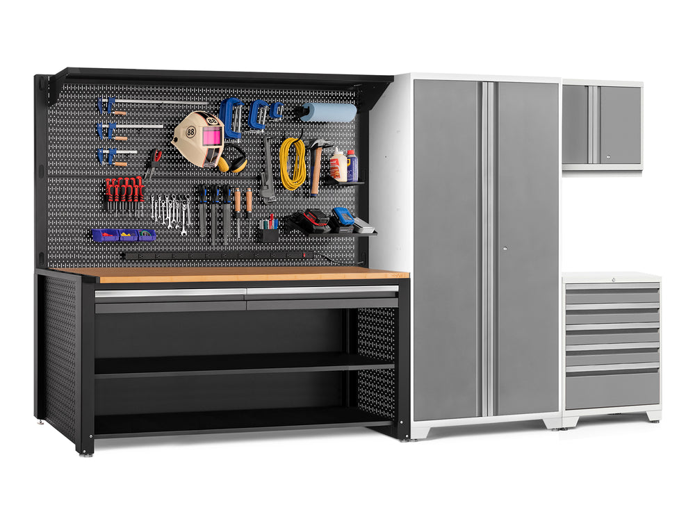 NewAge Garage Cabinets Pro Series 5-Piece Cabinet Set with Tool, Wall Cabinet, Locker, 78 in. Workstation, and Pegboard Accessories Kit-32652-Garage Giant