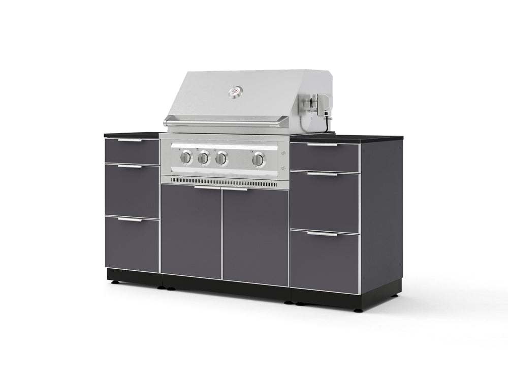 NewAge Outdoor Kitchens Outdoor Grill Island Aluminum 6-Piece Cabinet Set with 3 Drawers, Grill Cabinet, Platinum Grill and Dekton in Sirius Countertops - (Liquid Propane) | Garage Giant