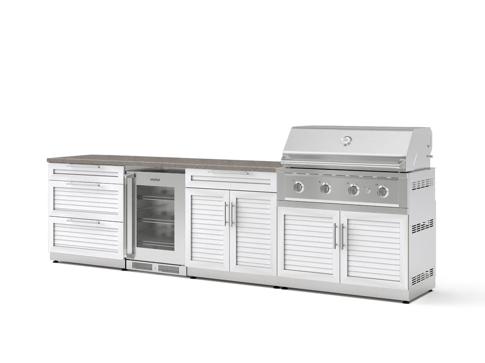 NewAge Outdoor Kitchens Stainless Steel 7-Piece Cabinet Set with 3-Drawer, Bar, Grill Cabinet, Performance Grill, Countertops, and Glass Door Fridge-73703-Garage Giant