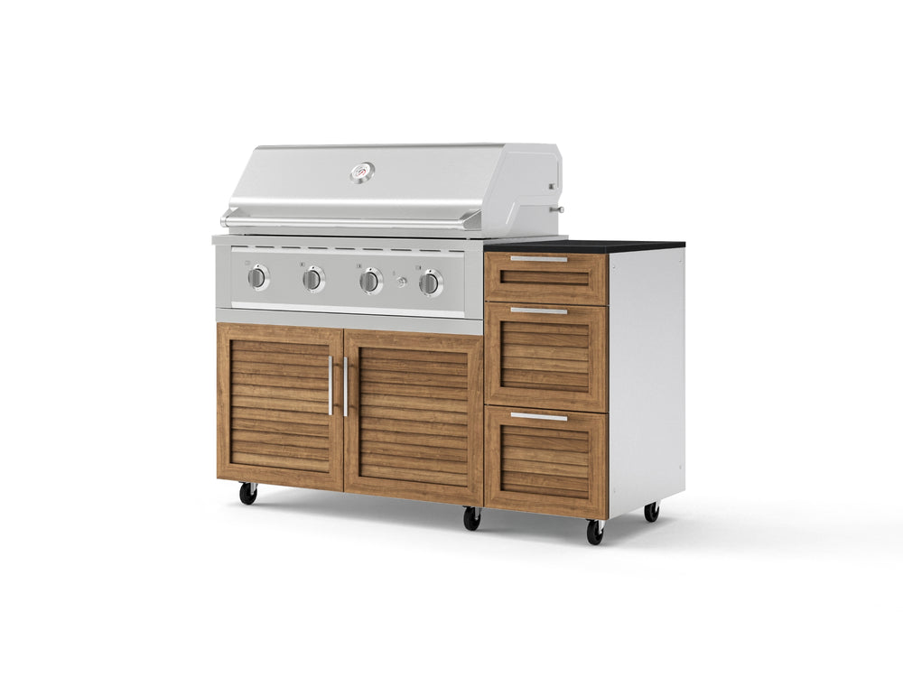 NewAge Outdoor Kitchens Outdoor Grill Island Stainless-Steel Louvered Doors 4-Piece Cabinet Set with Casters and 3-Drawer, Grill Cabinet, Performance Grill and Dekton in Sirius Countertop - (Liquid Propane) | Garage Giant