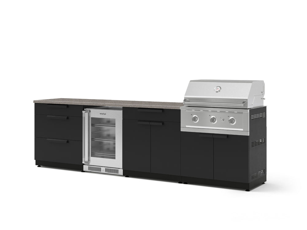 NewAge Outdoor Kitchens Stainless Steel 7-Piece Cabinet Set with 3-Drawer, Bar, Grill Cabinet, Performance Grill, Countertops, and Glass Door Fridge-73677-Garage Giant