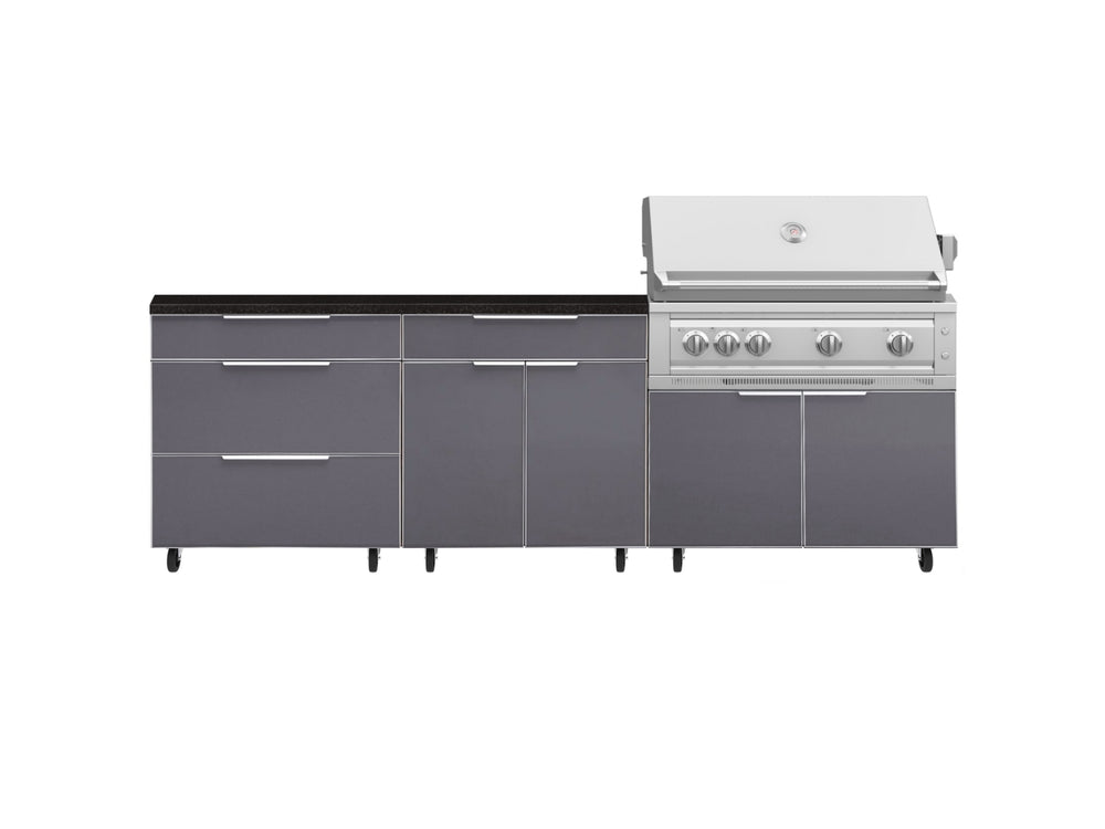 NewAge Outdoor Kitchens Aluminum 5-Piece Cabinet Set With Casters and 3 Drawer, Bar, Grill Cabinet, Platinum Grill, Countertop-72575-Garage Giant