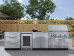 NewAge Outdoor Kitchens Stainless Steel 7-Piece Cabinet Set with 3-Drawer, Bar, Grill Cabinet, Platinum Grill, Countertops and Fridge-66590-Garage Giant 