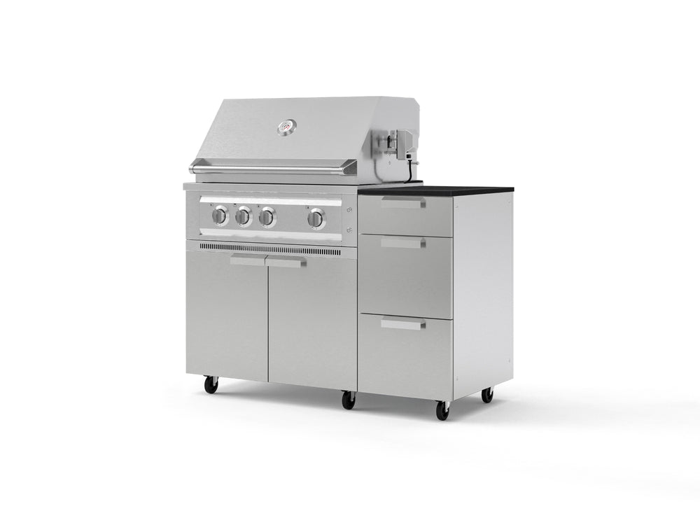 NewAge Outdoor Kitchens Outdoor Grill Island Stainless-Steel 4-Piece Cabinet Set with Casters and 3-Drawer, Grill Cabinet, Platinum Grill and Dekton in Sirius Countertop - (Liquid Propane) | Garage Giant