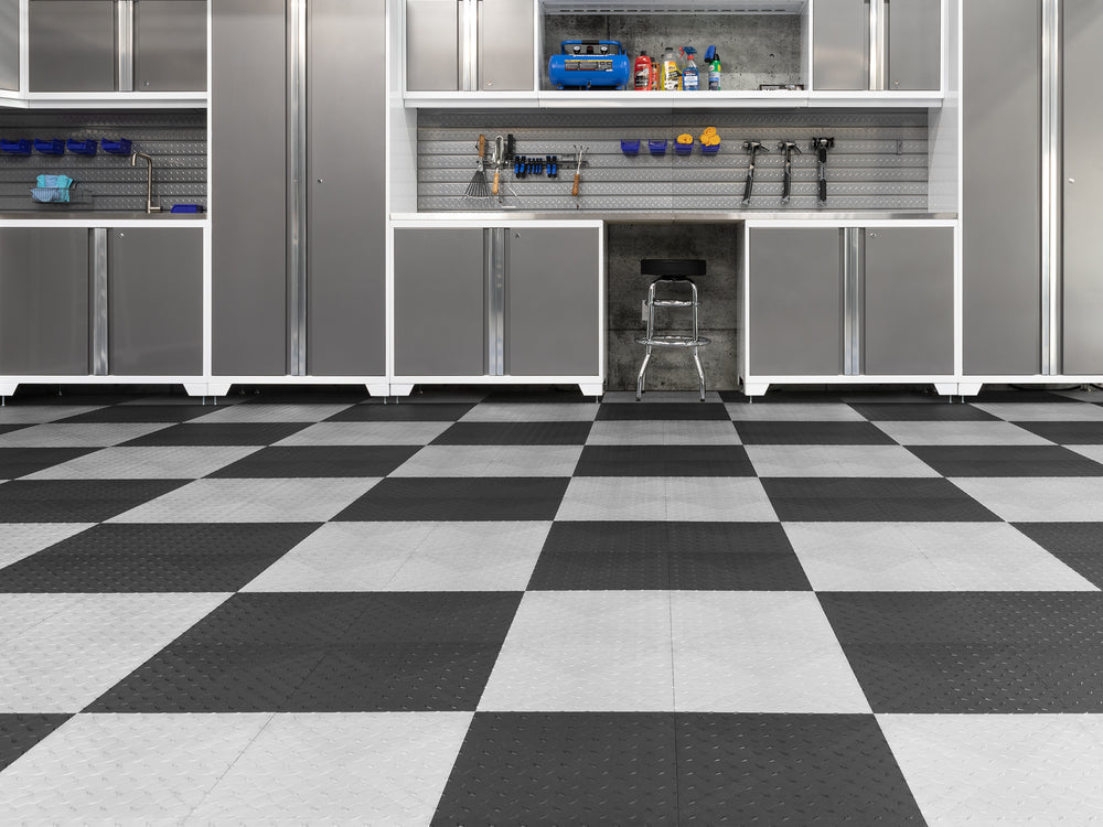 NewAge Garage Flooring Diamond Pattern Polypropylene Garage Flooring Tiles 400 sq. ft. Flooring Bundle - Black and Platinum Checkered Pattern-12572-Garage Giant