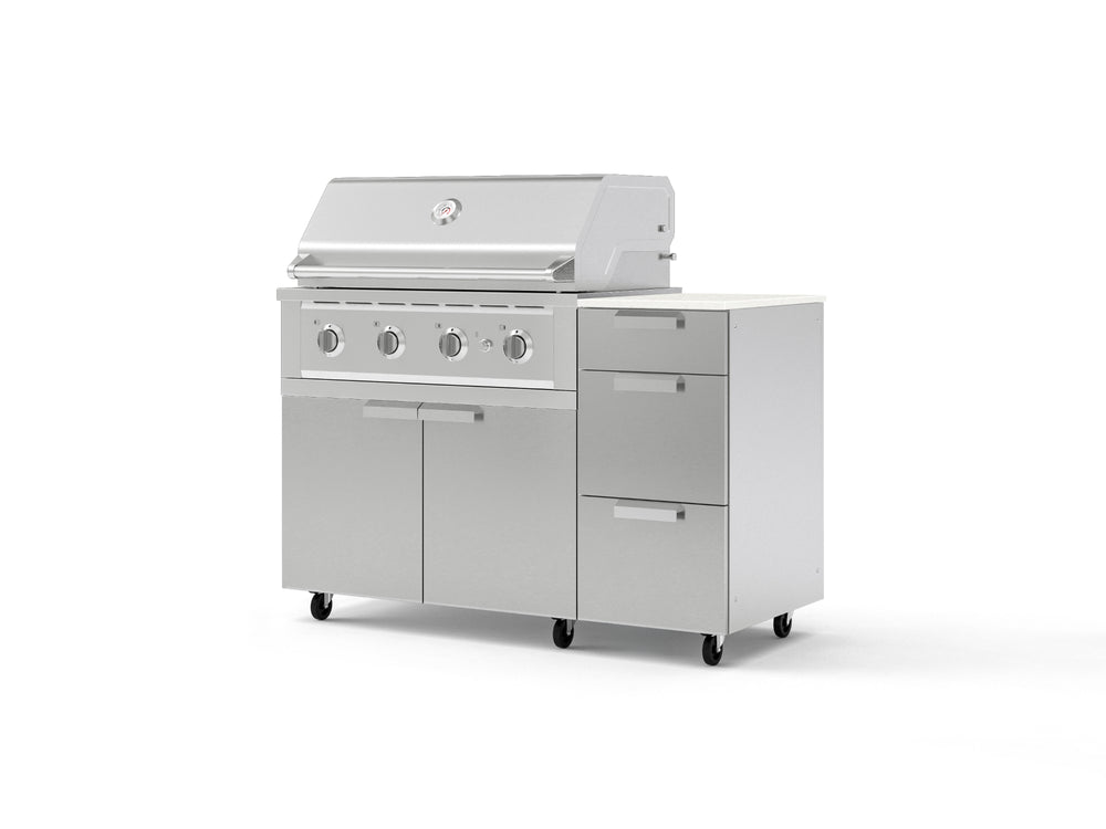 NewAge Outdoor Kitchens Outdoor Grill Island Stainless-Steel 4-Piece Cabinet Set with Casters and 3-Drawer, Grill Cabinet, Performance Grill and Dekton in Aeris Countertop - (Liquid Propane) | Garage Giant
