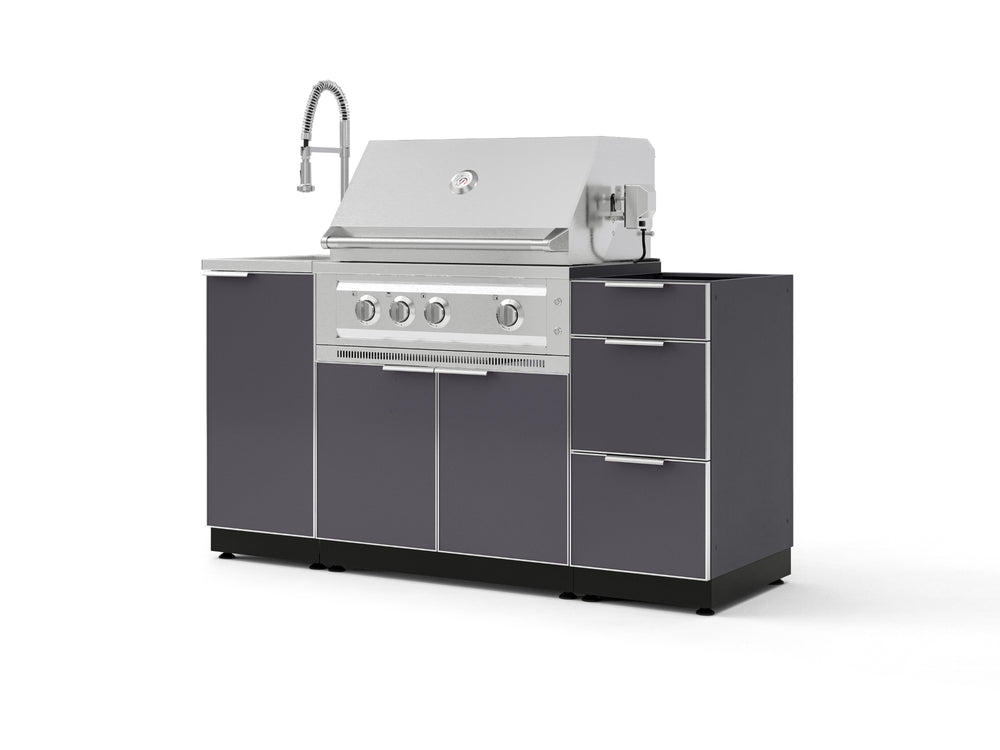 NewAge Outdoor Kitchens Outdoor Grill Island Aluminum 5-Piece Cabinet Set with Sink, 3 Drawer, Grill Cabinet, Platinum Grill and Stainless Steel Countertop - (Liquid Propane) | Garage Giant