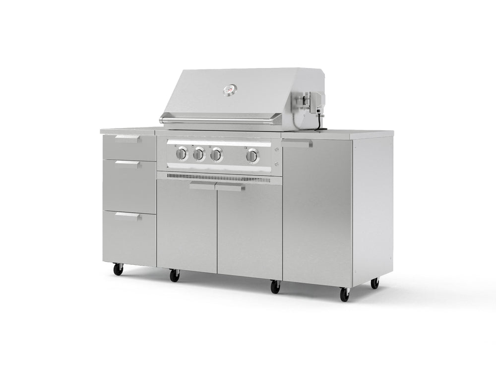 NewAge Outdoor Kitchens Outdoor Grill Island Stainless-Steel 6-Piece Cabinet Set with Casters 1 Door, 3 Drawer, Grill Cabinet, Platinum Grill, Countertops | 74917