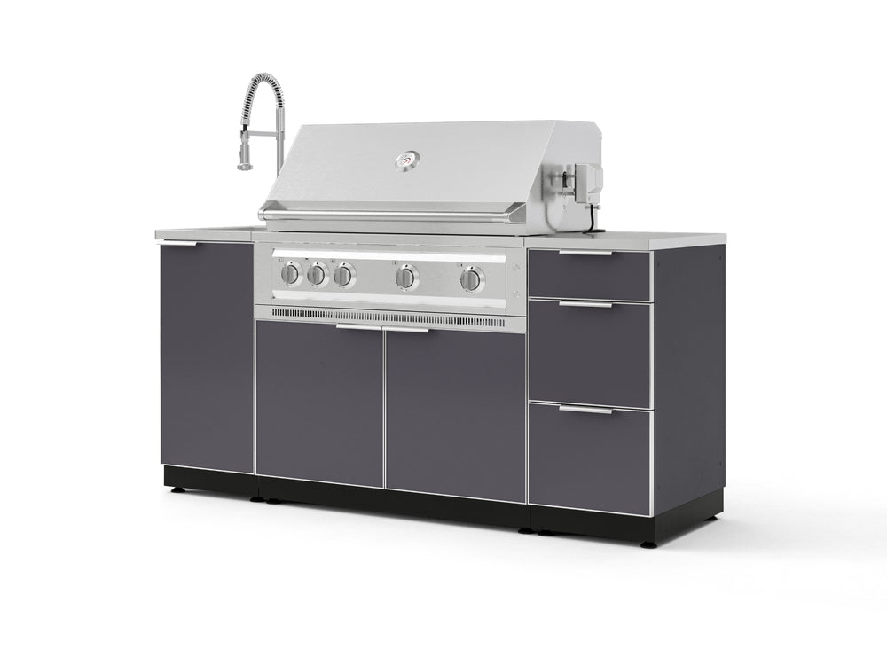 NewAge Outdoor Kitchens Outdoor Grill Island Aluminum 5-Piece Cabinet Set with Sink, 3 Drawer, Grill Cabinet, Platinum Grill and Stainless Steel Countertop-75594-Garage Giant