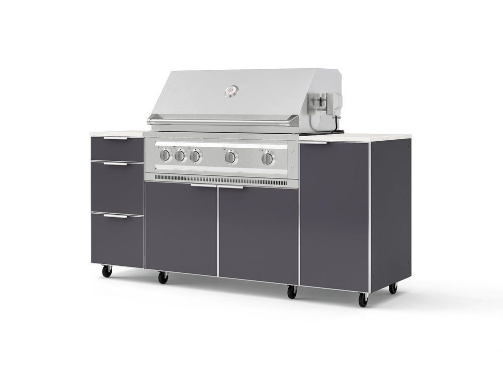 NewAge Outdoor Kitchens Outdoor Grill Island Aluminum 6-Piece Cabinet Set with Casters 1 Door, 3 Drawer, Grill Cabinet, Platinum Grill and Dekton in Aeris Countertops - (Liquid Propane) | Garage Giant