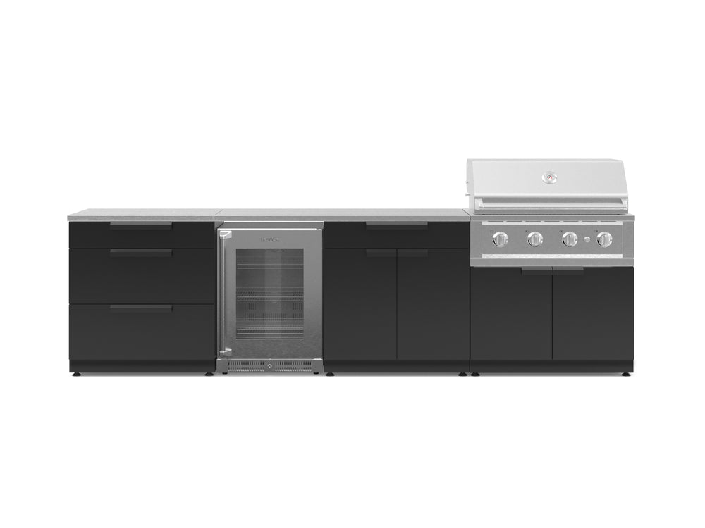 NewAge Outdoor Kitchens Stainless Steel 7-Piece Cabinet Set with 3-Drawer, Bar, Grill Cabinet, Performance Grill, Countertops, and Glass Door Fridge-71372-Garage Giant