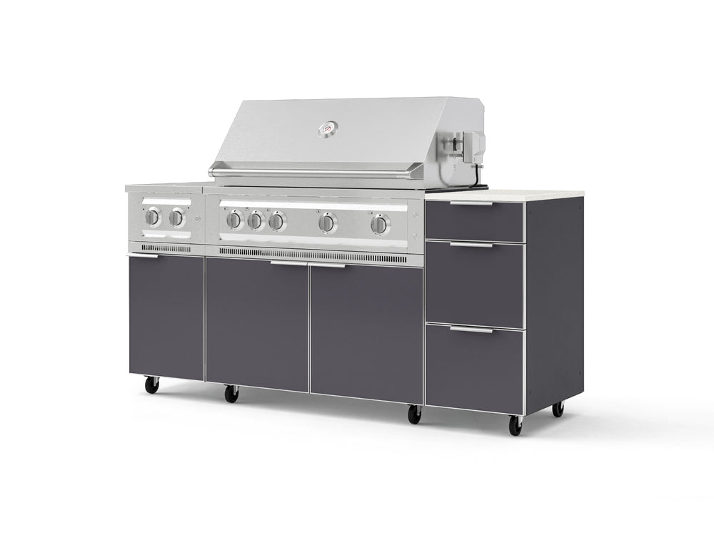 NewAge Outdoor Kitchens Outdoor Grill Island Aluminum 6-Piece Cabinet Set with Casters and 3-Drawer, Grill Cabinet, Platinum Grill, Dual Side Burner and Dekton in Aeris Countertop - (Liquid Propane) | Garage Giant