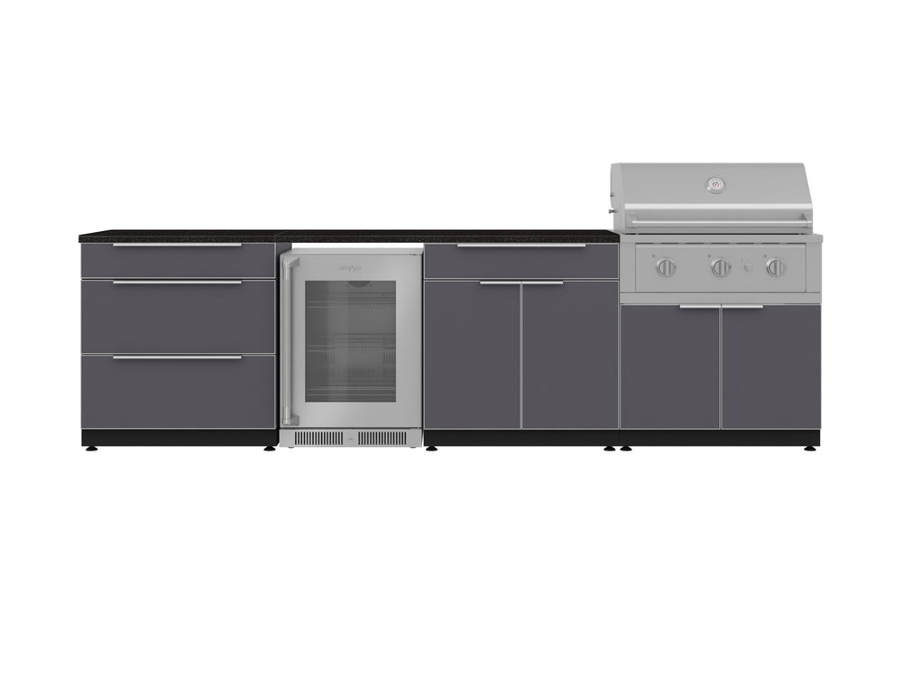 NewAge Outdoor Kitchens Aluminum 7-Piece Cabinet Set with 3-Drawer, Bar, Grill Cabinet, Performance Grill, Countertops and Fridge-71841-Garage Giant