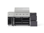 NewAge Outdoor Kitchens Outdoor Grill Island Aluminum 6-Piece Cabinet Set with Casters and 3-Drawer, Grill Cabinet, Performance Grill, Side Burner and Dekton in Aeris Countertop - (Liquid Propane) 