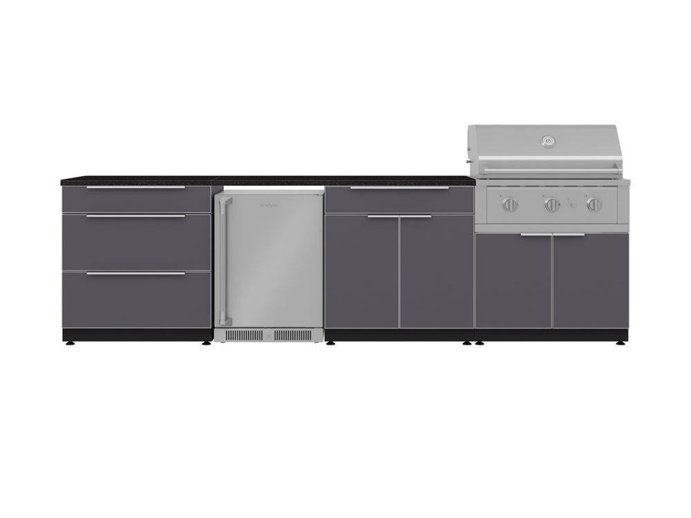 NewAge Outdoor Kitchens Aluminum 7-Piece Cabinet Set with 3-Drawer, Bar, Grill Cabinet, Performance Grill, Countertops and Fridge-71826-Garage Giant