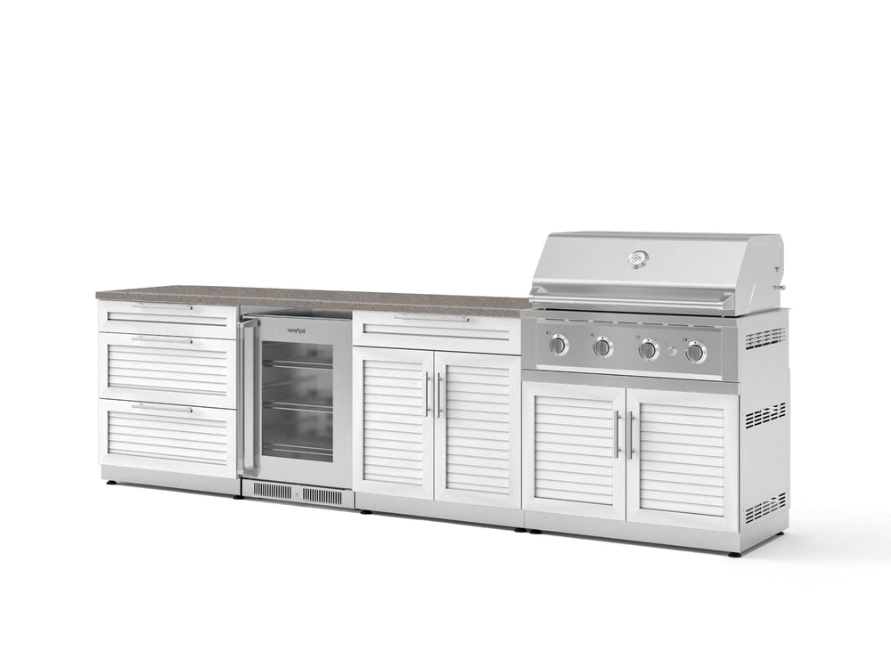 NewAge Outdoor Kitchens Stainless Steel 7-Piece Cabinet Set with 3-Drawer, Bar, Grill Cabinet, Performance Grill, Countertops, and Glass Door Fridge-73699-Garage Giant