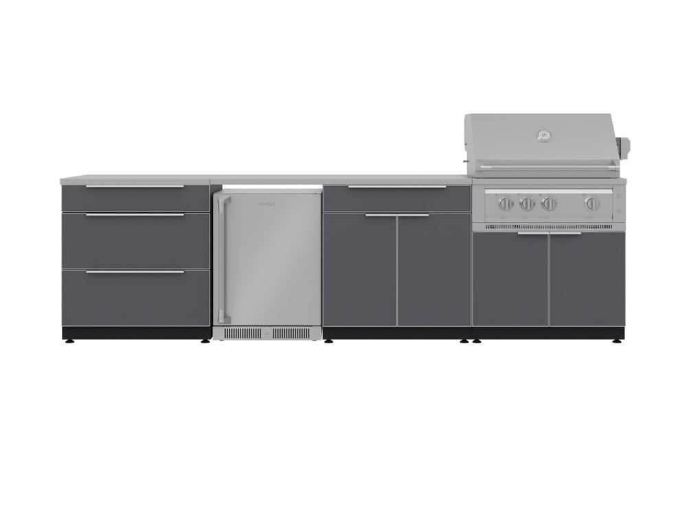 NewAge Outdoor Kitchens Aluminum 7-Piece Cabinet Set with 3-Drawer, Bar, Grill Cabinet, Platinum Grill, Countertops and Fridge-66546-Garage Giant