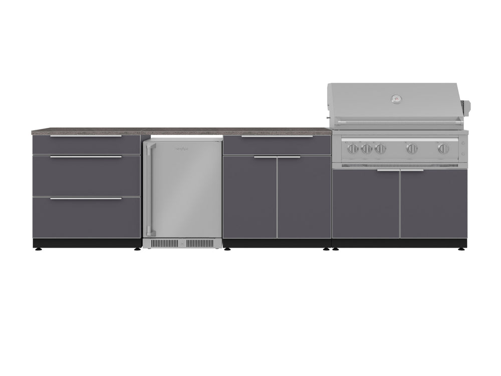 NewAge Outdoor Kitchens Aluminum 7-Piece Cabinet Set with 3-Drawer, Bar, Grill Cabinet, Platinum Grill, Countertops and Fridge-71909-Garage Giant