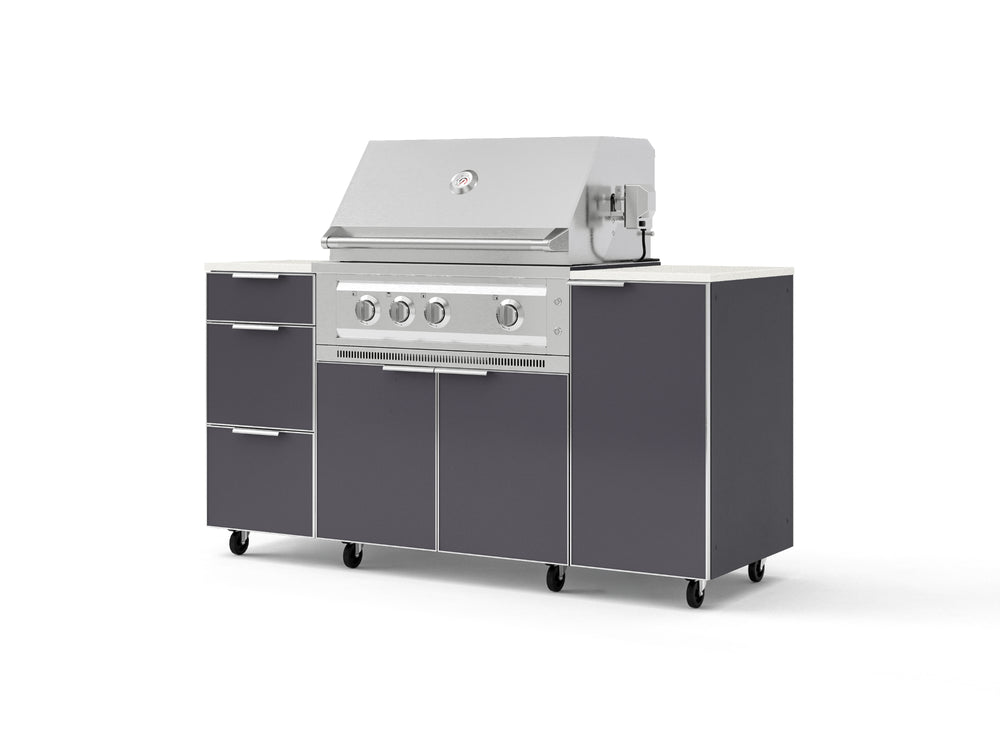 NewAge Outdoor Kitchens Outdoor Grill Island Aluminum 6-Piece Cabinet Set with Casters 1 Door, 3 Drawer, Grill Cabinet, Platinum Grill and Dekton in Aeris Countertops - (Liquid Propane) | Garage Giant