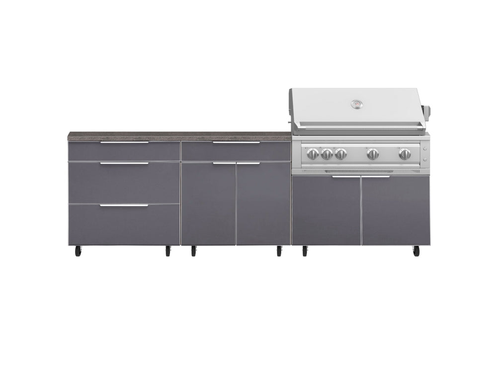 NewAge Outdoor Kitchens Aluminum 5-Piece Cabinet Set With Casters and 3 Drawer, Bar, Grill Cabinet, Platinum Grill, Countertop-72611-Garage Giant